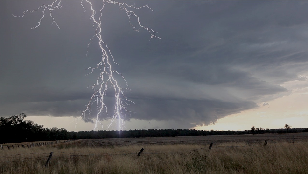 Lightning striking beneath an intense supercell near Moree, NSW